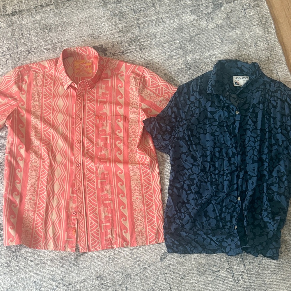 Coral Pink & Navy Blue Casual Button-Down Shirts